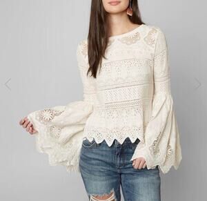 Free People Once Upon A Time Cream Crochet Lace Boho Bell Sleeve Top Small